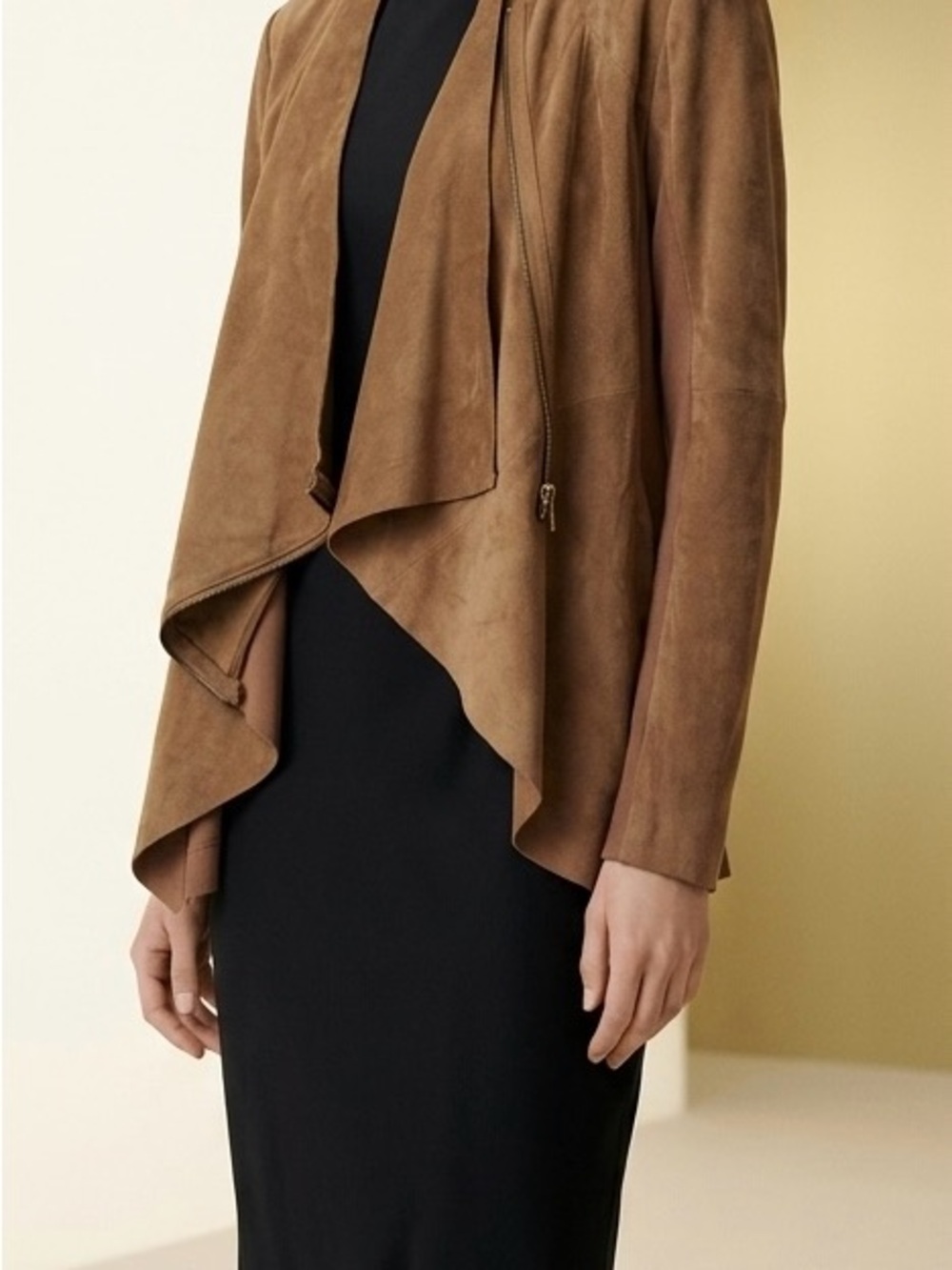 Fate Draped Suede Open-Front Jacket in Brown